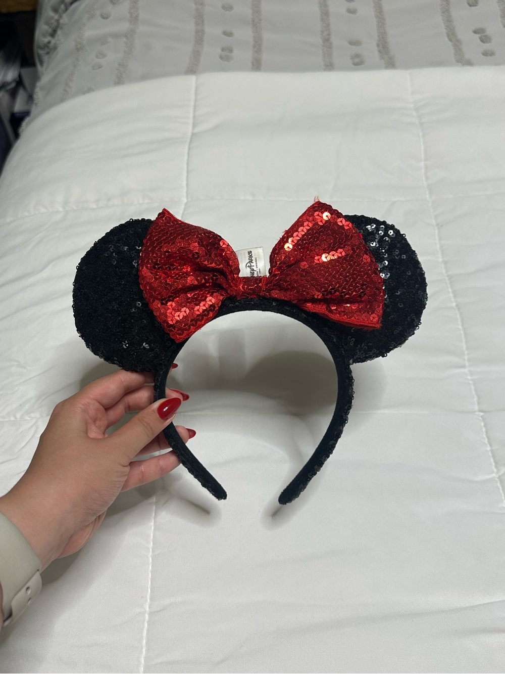 Sequin Minnie Mouse Ears Headband with Red Bow